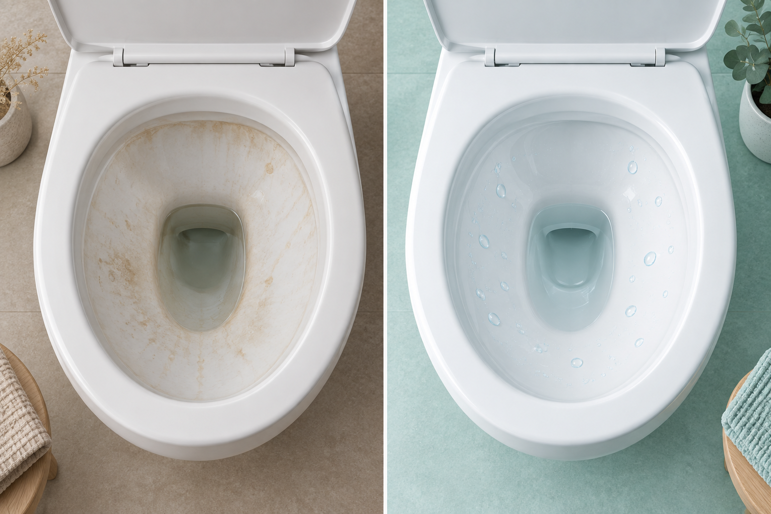 Illustratief beeld van een toilet met zichtbare aanslag naast schoon keramiek met waterdruppels